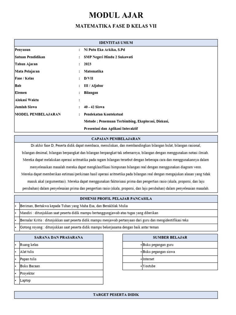 Modul Ajar Aljabar Kelas VII SMP | PDF | Karier & Perkembangan