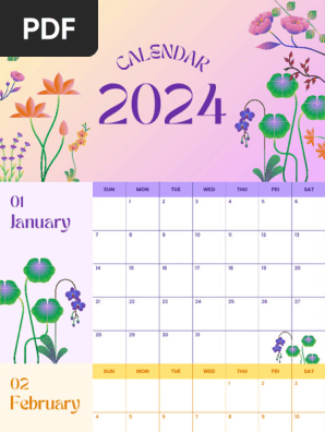 Purple Pastel Floral Minimal Monthly Calendar 2024 Calendar
