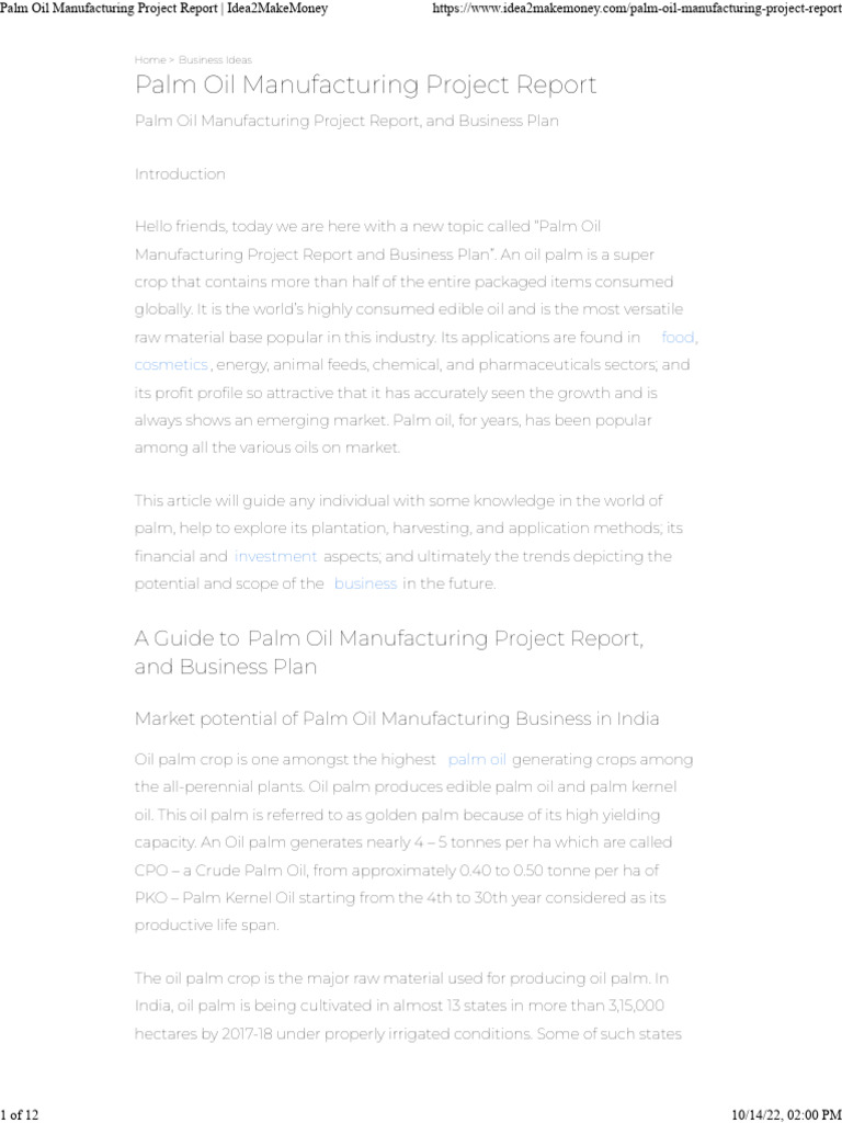 Palm Oil Manufacturing Project Overview | PDF | Palm Oil | Vegetable Oil