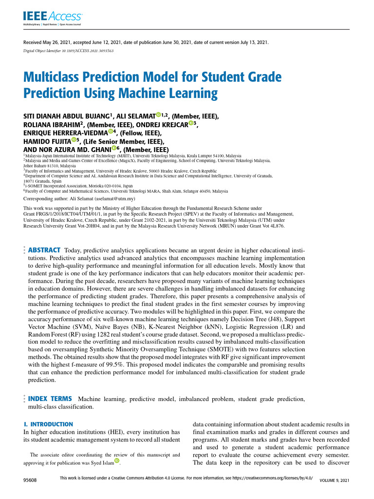 Multiclass prediction model for student grade prediction using machine