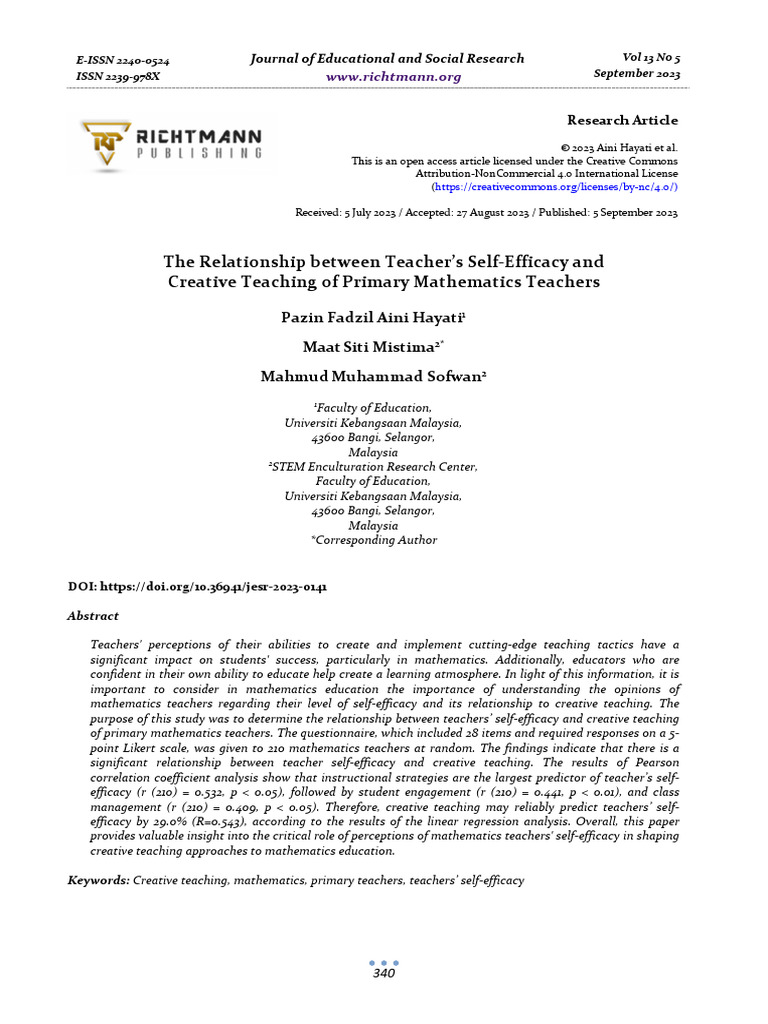 Teacher Self-Efficacy in Creative Math Teaching | PDF | Self Efficacy ...