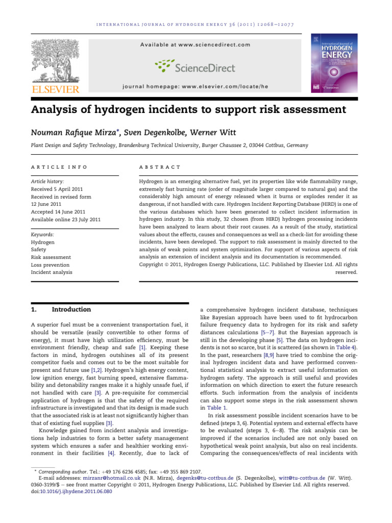 Analysis of Hydrogen Incidents to Support Risk Assessment | PDF | Risk ...