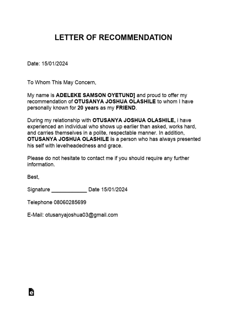Standard letter of recommendation for employment pdf