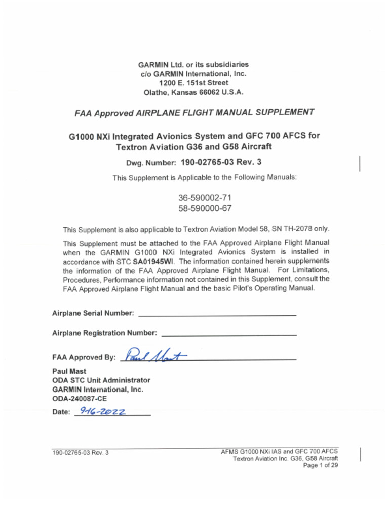 Airplane Flight Manual Supplement, G1000 NXi Textron Aviation G58 Baron