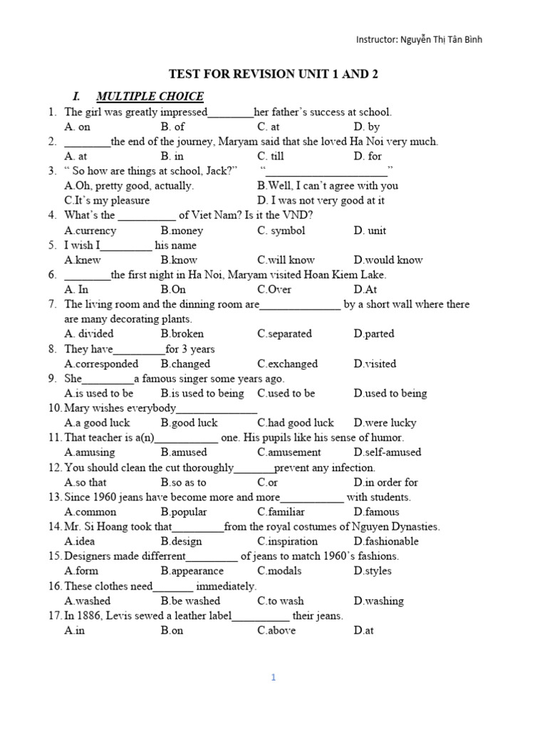 Test For Revision Unit 1 and 2 | PDF | Jeans