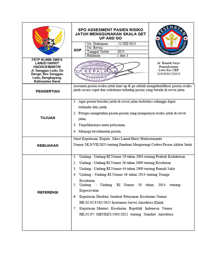 Sop Assesmen Pasien Risiko Jatuh Menggunakan Skala Get Up Pdf