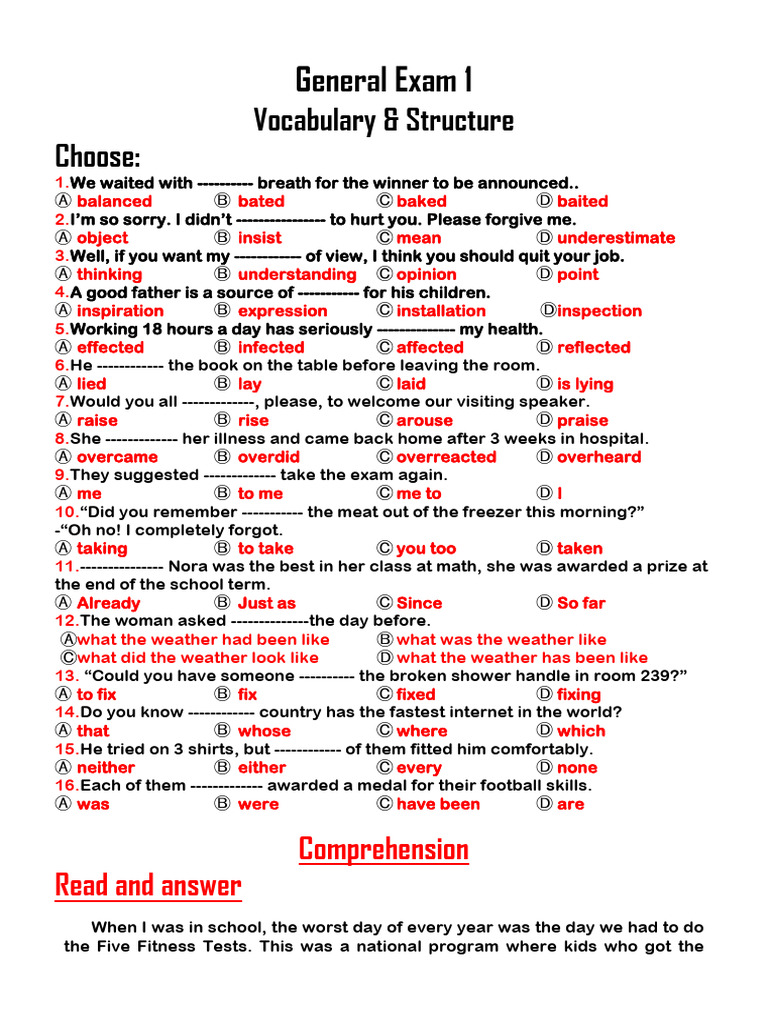 General Exam 1: Vocabulary & Comprehension | PDF | Estella (Great ...