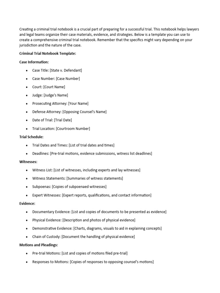 Criminal Trial Notebook Template Guide | PDF | Witness | Trials