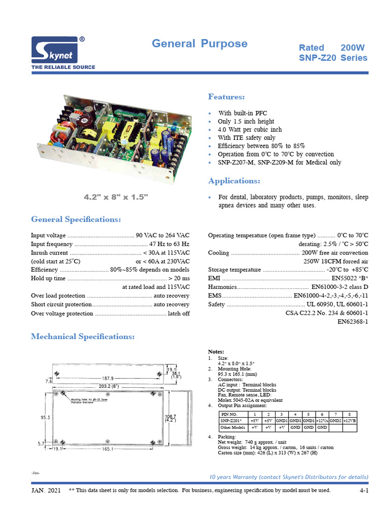 General Purpose: Rated 200W SNP-Z20 Series | PDF | Power Supply ...