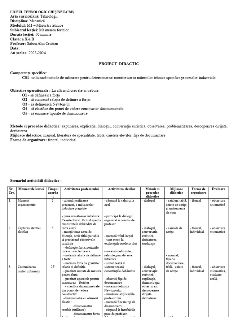 Proiect Didactic - Masurarea Fortelor | PDF
