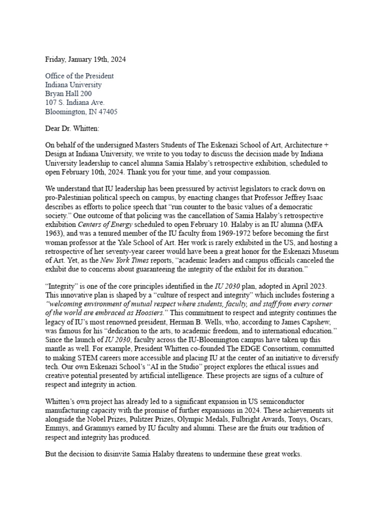 MFA Students Urge IU to Reinstate Halaby | PDF | Indiana University ...
