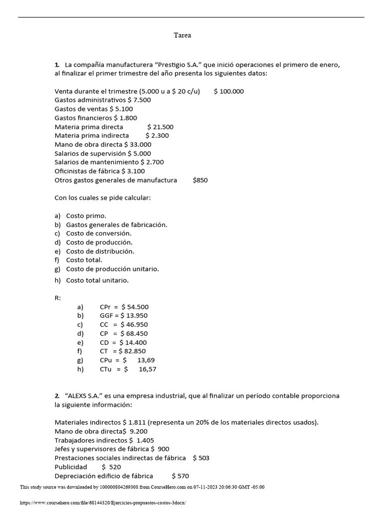 Ejercicios de Cálculo de Costos en Empresas | PDF | Economía Financiera ...