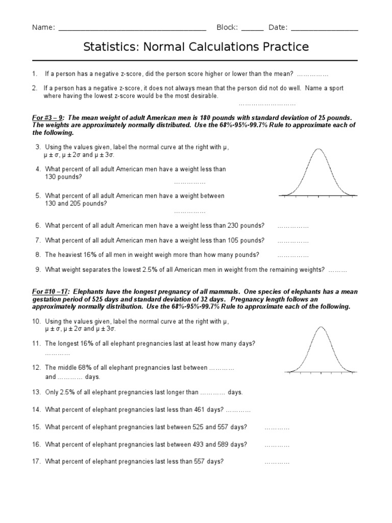Normal Calculations Worksheet | PDF | Normal Distribution | Standard ...