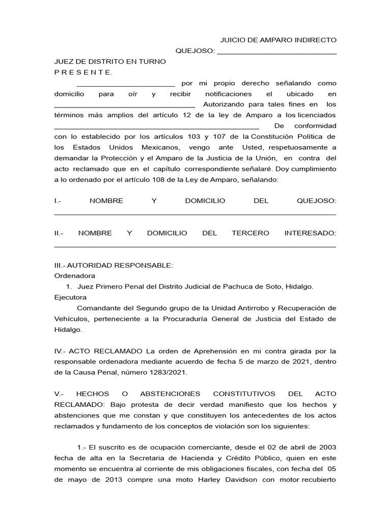 Juicio de Amparo Indirecto en Hidalgo | PDF | Violación | Derecho ...