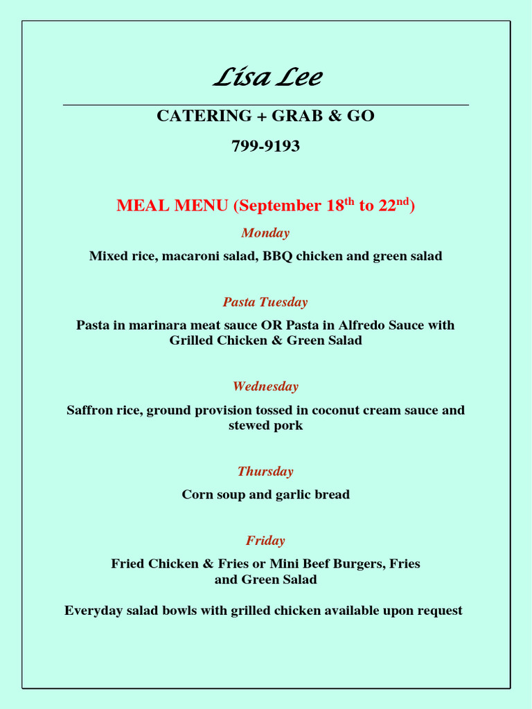 Lisa Lee September 18th Lunch Menu | PDF | Cooking, Food & Wine