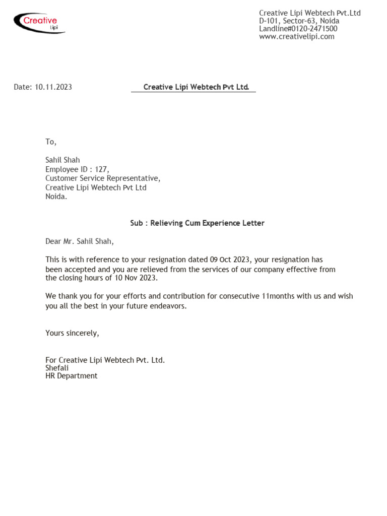 Relieving Letter | PDF | Business