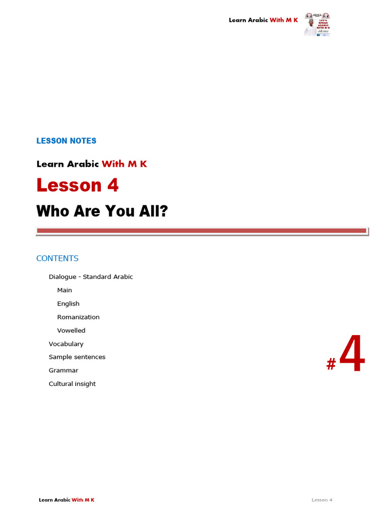 Learn Arabic With MK Lesson 4 | Download Free PDF | Arabic | English ...