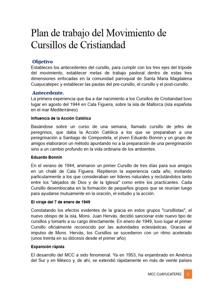 Plan de Acción Del Movimiento de Cursillos de Cristiandad | PDF ...