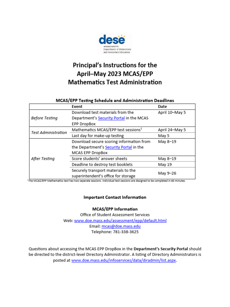 Principal's Instructions For The April-May 2023 MCAS/EPP Mathematics ...