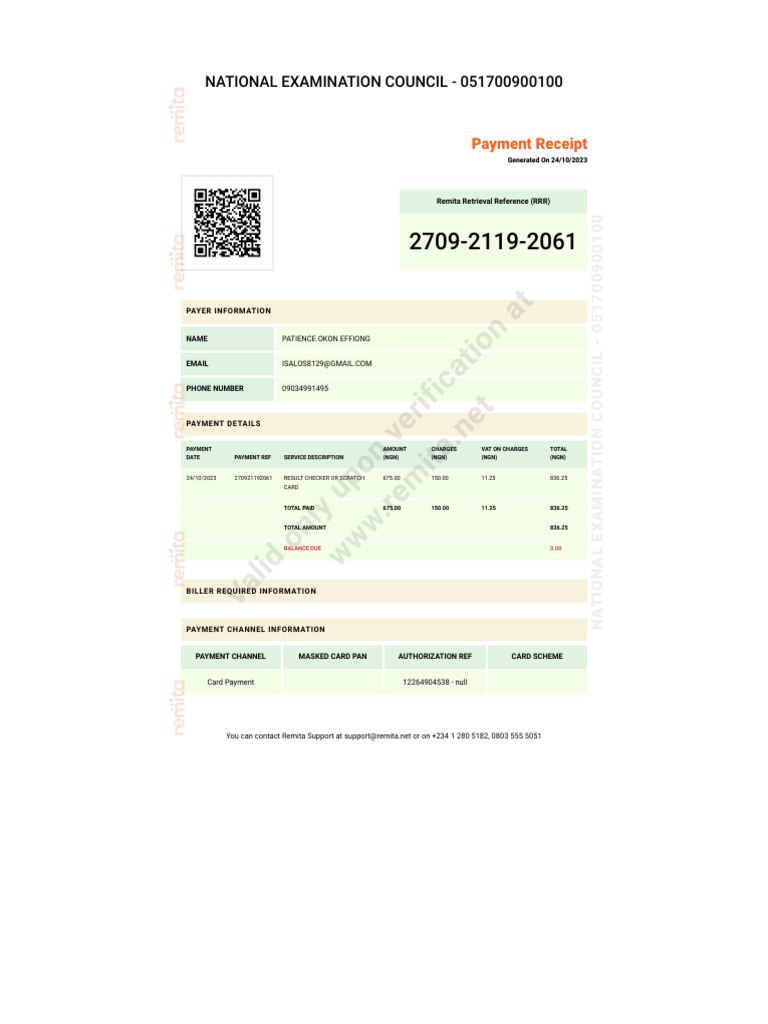 NECO Payment Receipt - 051700900100 | PDF | Receipt | Money