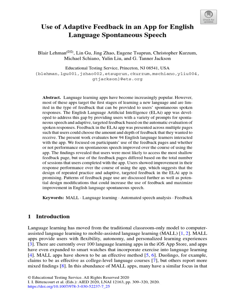 Use of adaptive feedback in an app for english language spontaneous
