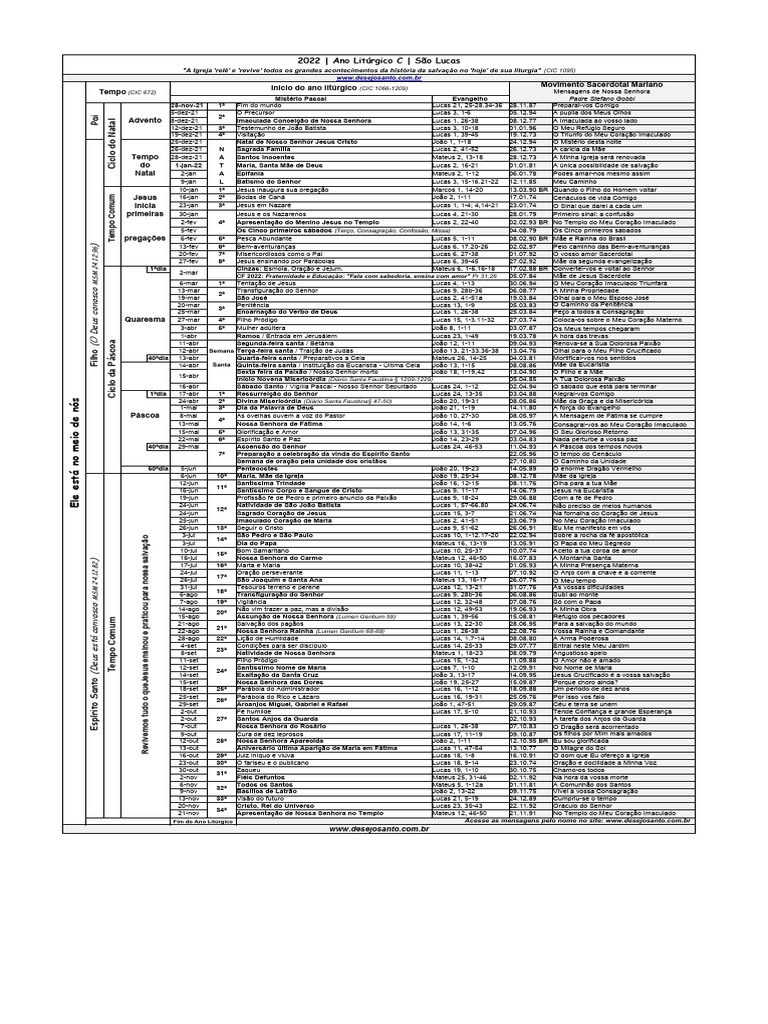 Calendário Litúrgico 2022 - Ano C | PDF | Jesus | Maria, mãe de Jesus