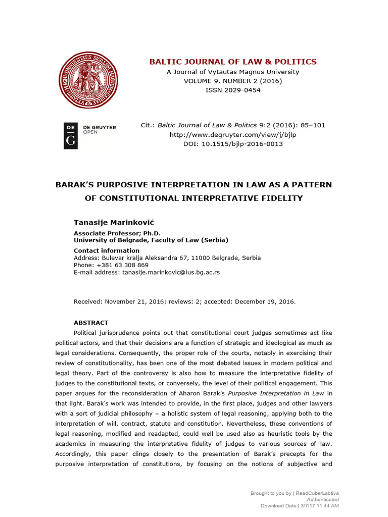 Baraks Purposive Interpretation in Law PDF Baraks Purposive Interpretation in Law PDF