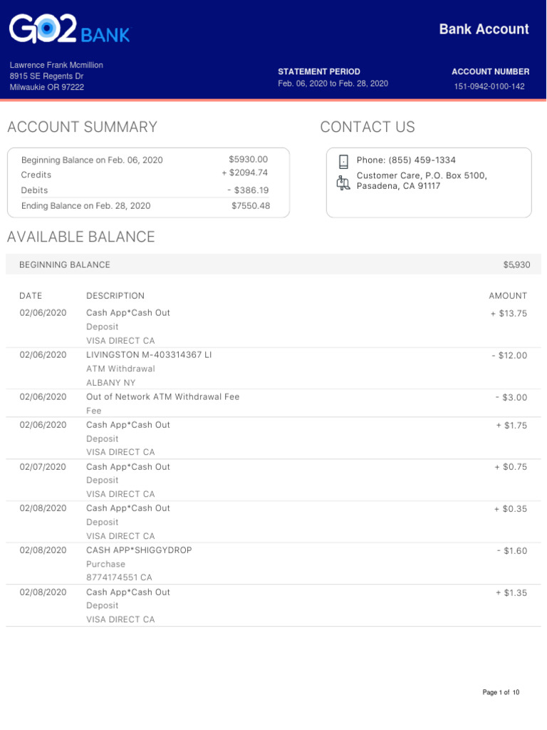 Lawrence Go2bank Statement PDF Deposit Account Visa Inc