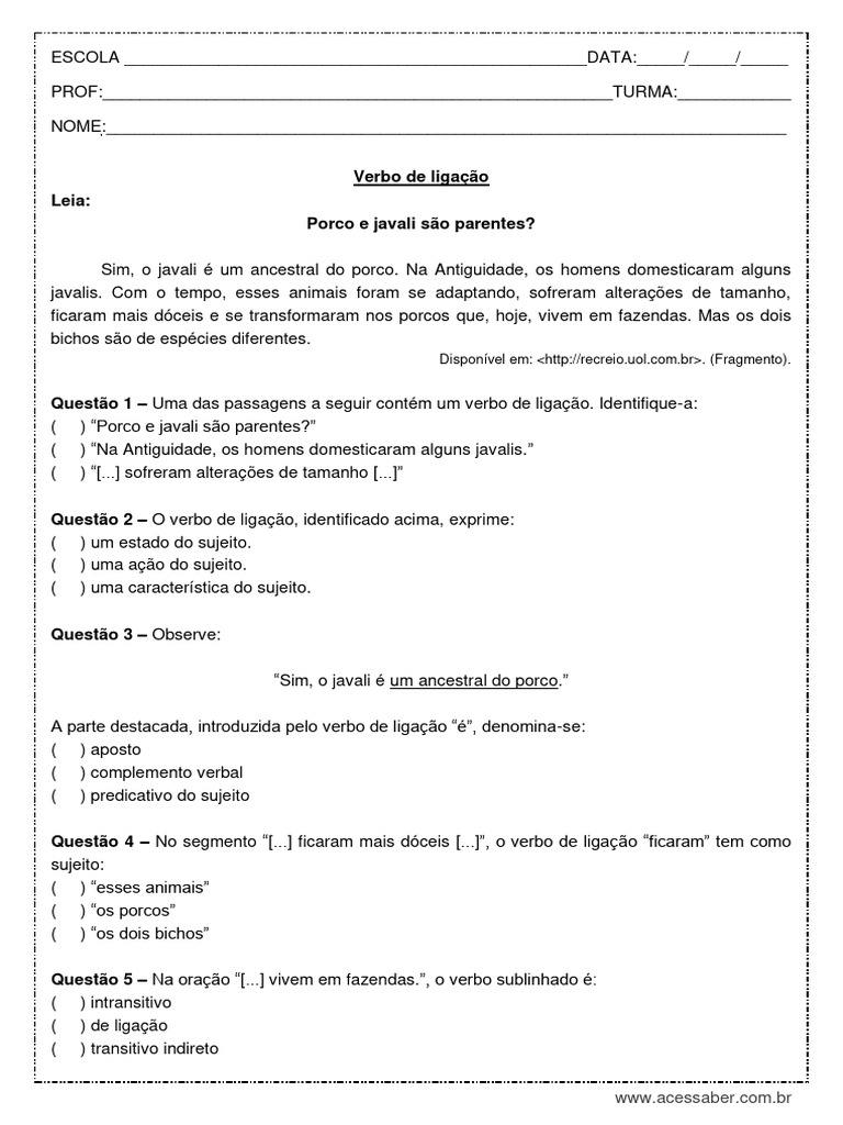 Verbo de Ligação: Exercícios e Questões | PDF
