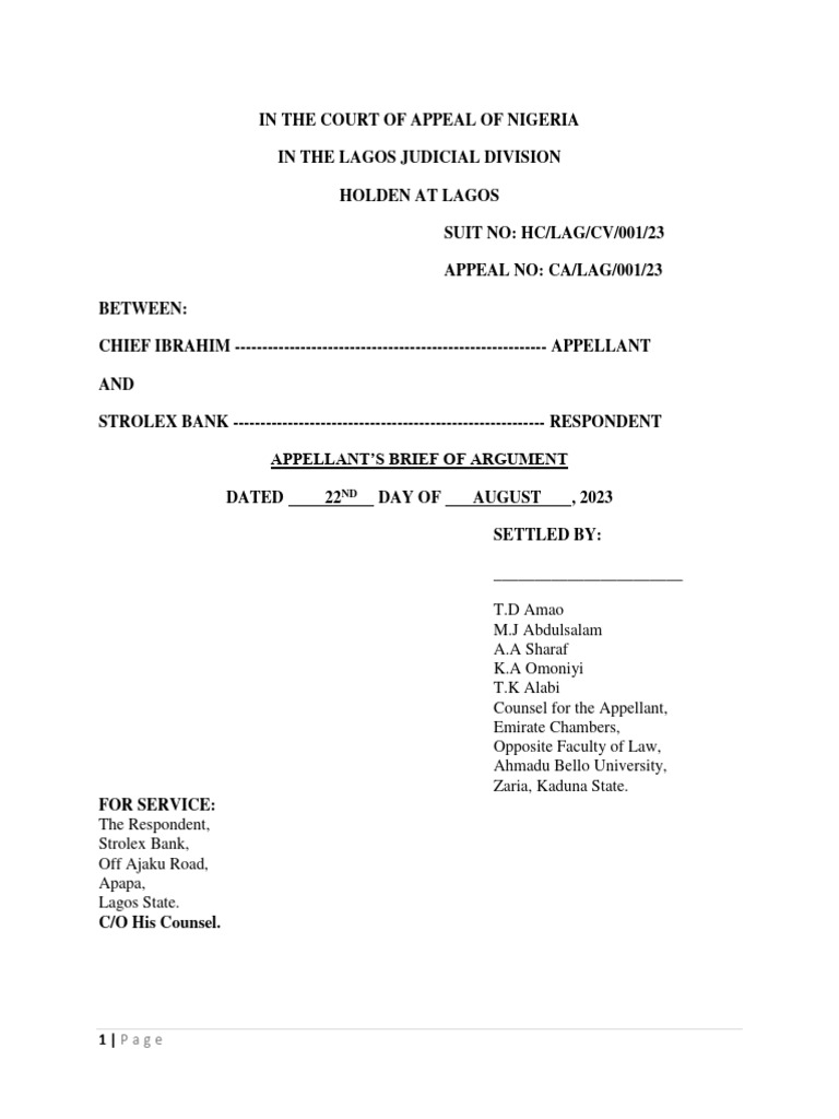 Appellant Brief of Argument-1 | PDF | Negligence | Duty Of Care