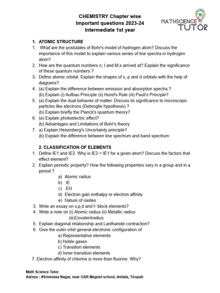 Chemistry 1st Year Important Questions Chapter Wise PDF Chemical