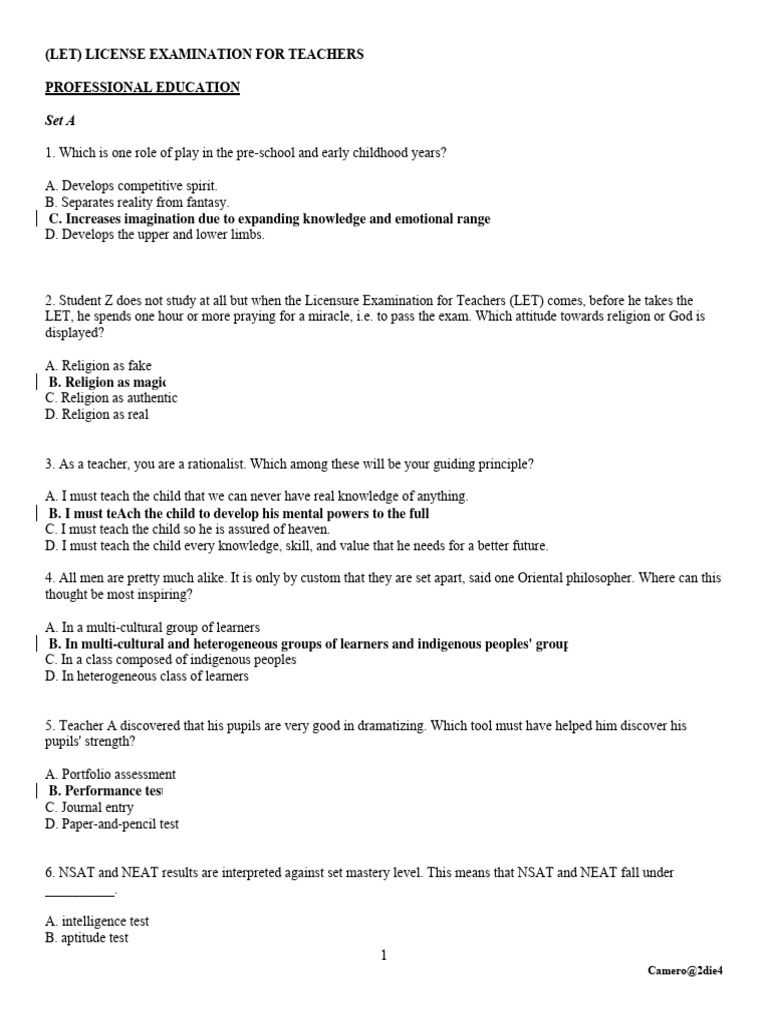 LET Exam Questions for Teachers | PDF | Teachers | Learning
