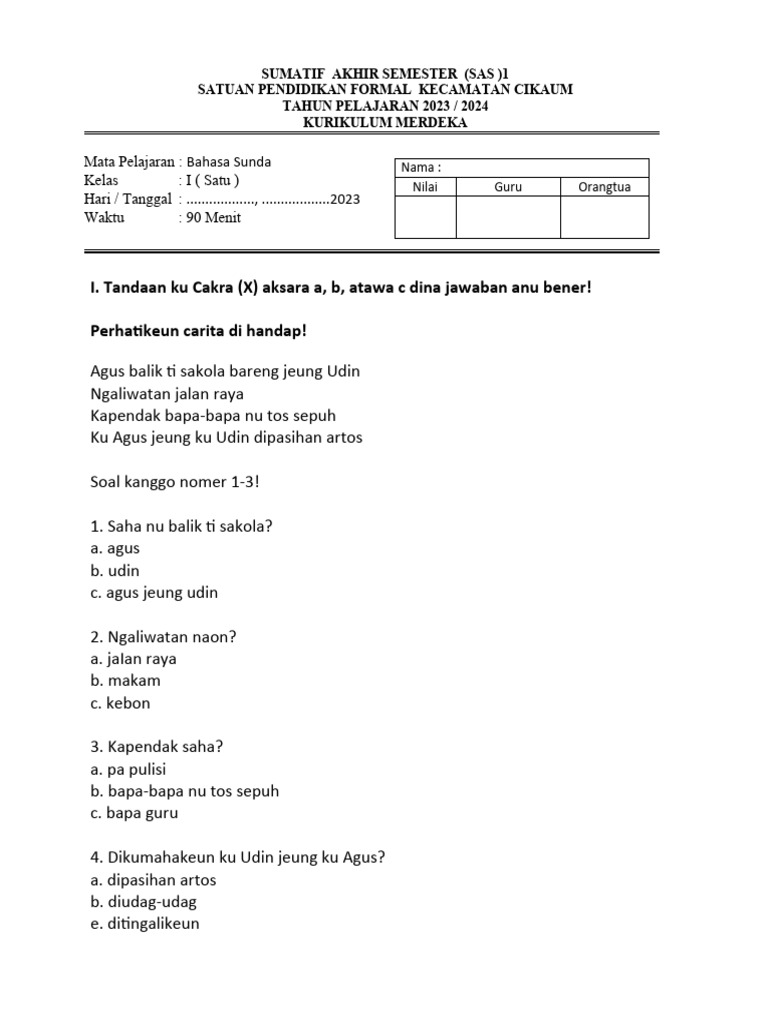 Soal Sas Bahasa Sunda Kelas 1 Pdf