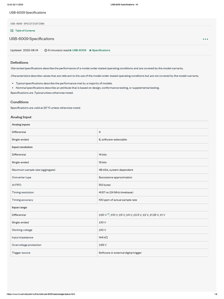 USB-6009 Specifications - NI | Download Free PDF | Electronics ...