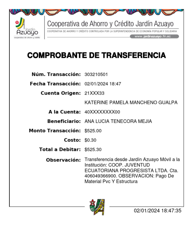 Comprobante de Transferencia Jardín Azuayo | PDF