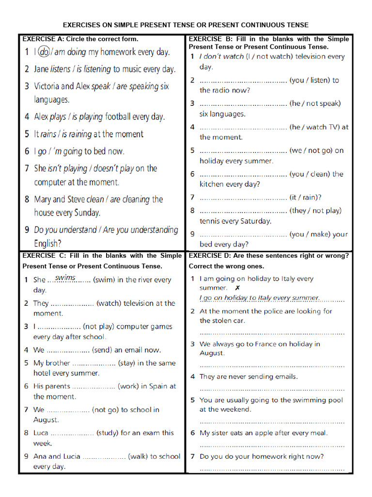 Present Simple vs Continuous Exercises | PDF