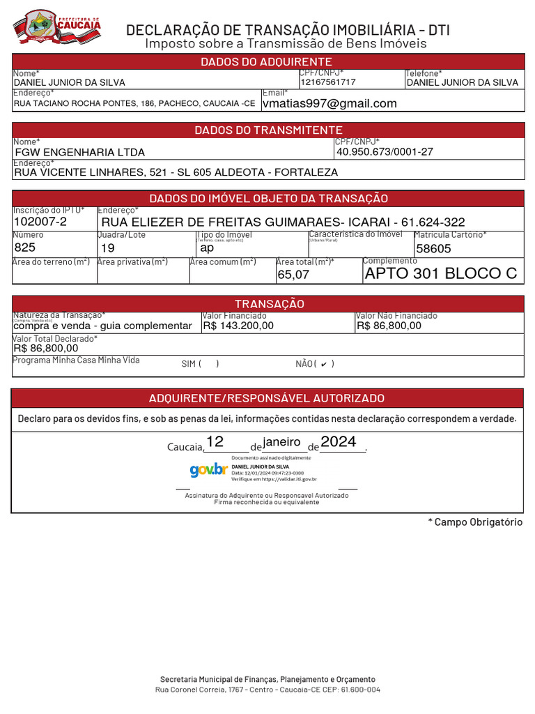 Dti Declaracao de Transacao Imobiliaria Assinado | PDF
