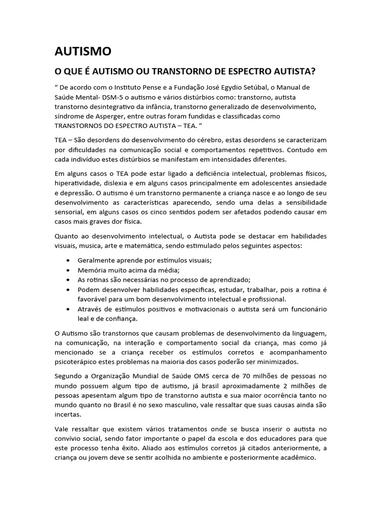 Entendendo o Transtorno do Espectro Autista | PDF | Espectro do autismo ...