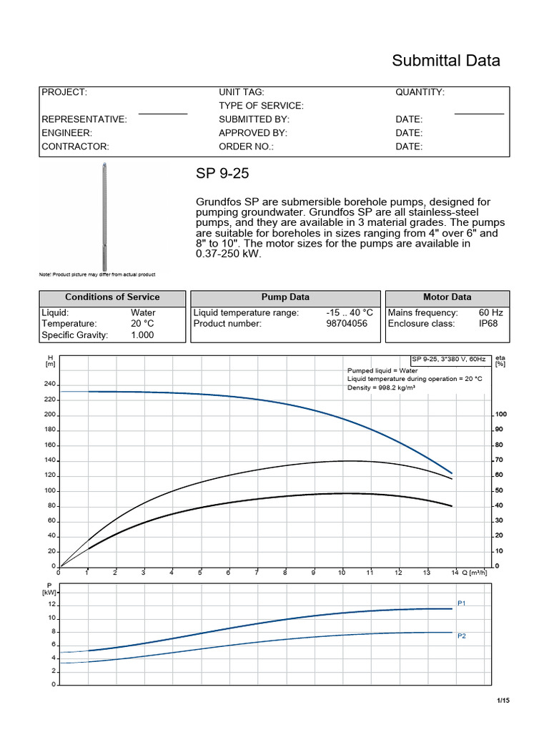 Grundfos SP 9-25 Submersible Pump Specs | PDF | Pump | Electric Motor