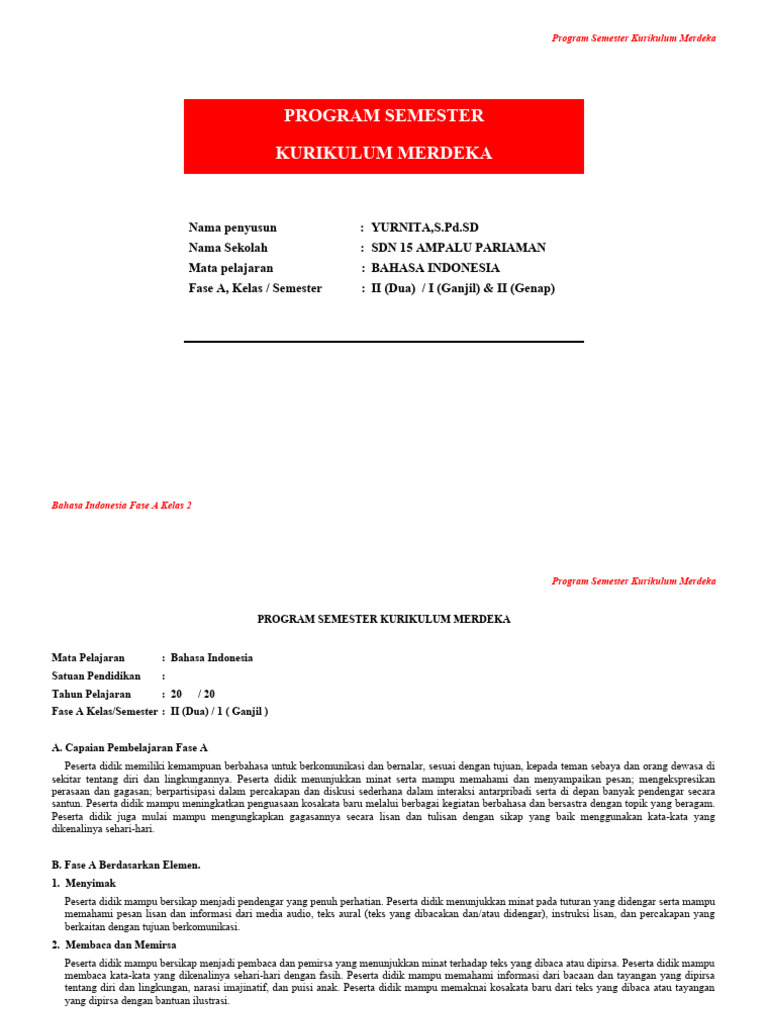 Program Semester Bahasa Indonesia Kelas 2 | PDF