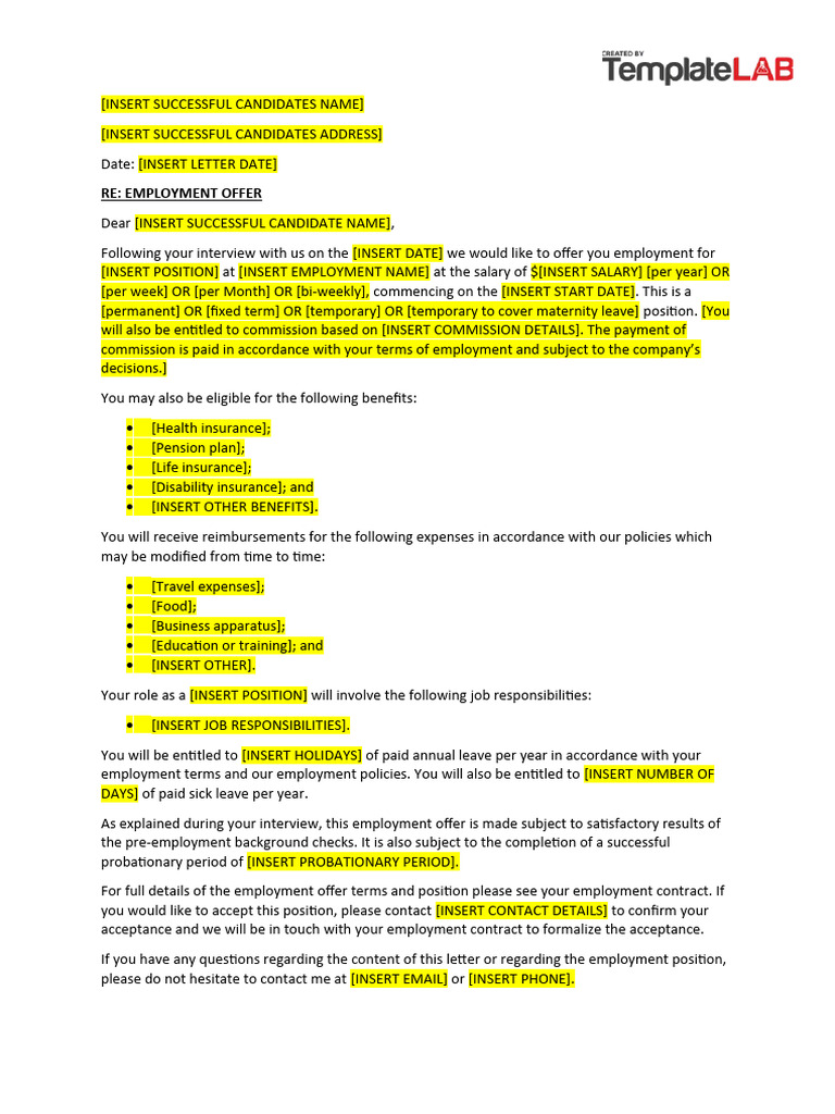 Employment Offer Letter | PDF | Employment | Salary