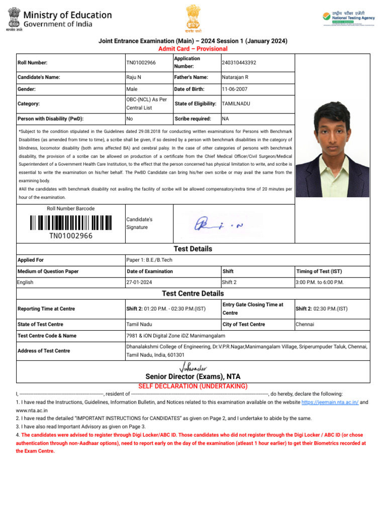 JEE Main 2024 Admit Card & Instructions | PDF | Identity Document