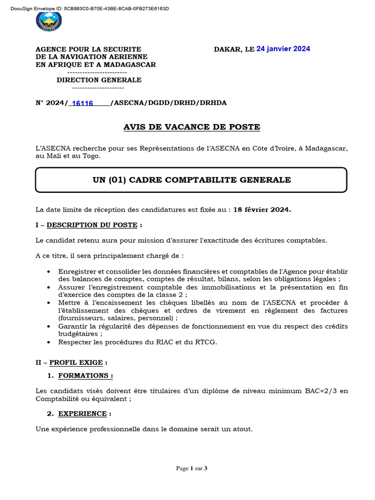 Recrutement Cadre Comptabilité ASECNA | PDF | Comptabilité | Recrutement