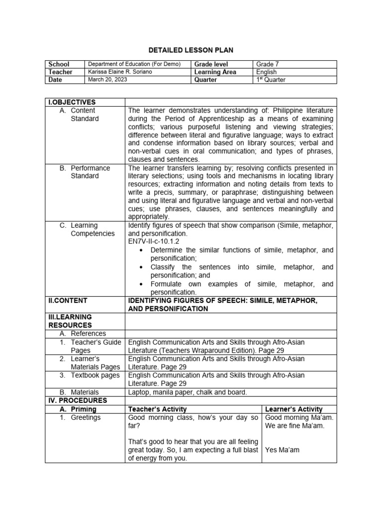 Detailed Lesson Plan | PDF | Metaphor | Communication