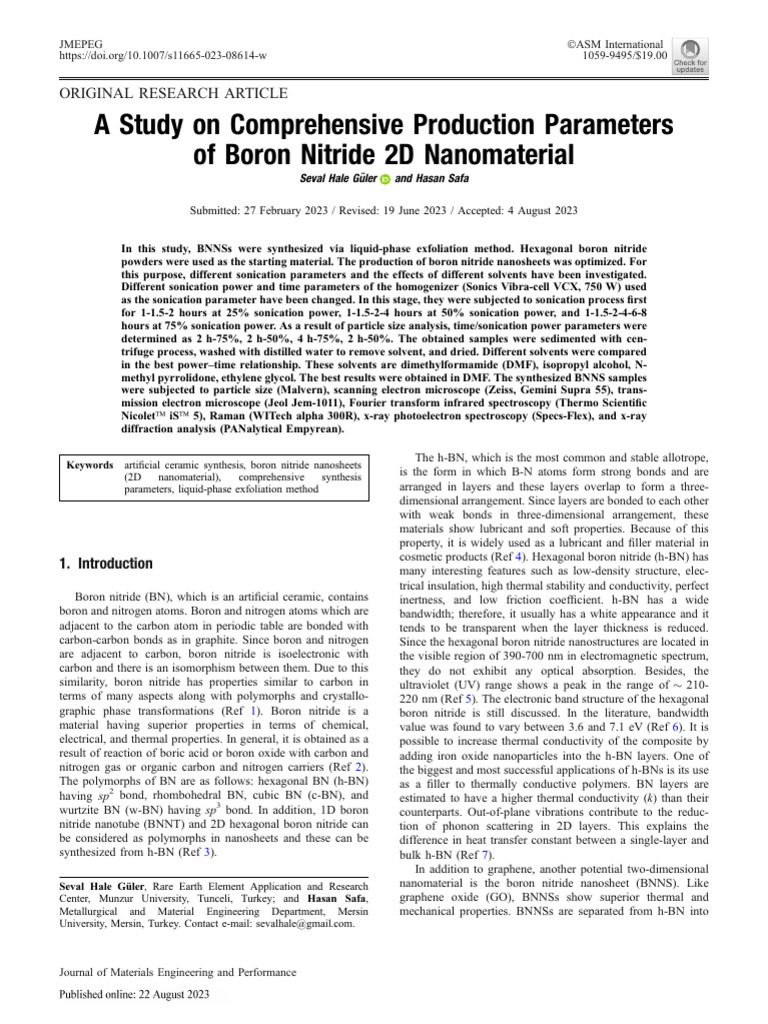 A Study On Comprehensive Production Parameters of Boron Nitride 2D ...