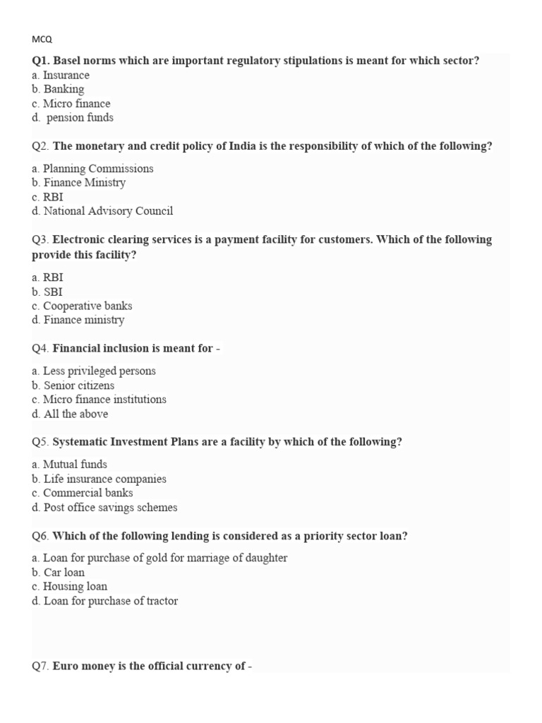 Banking Quiz Questions and Answers | PDF | Banks | Reserve Bank Of India