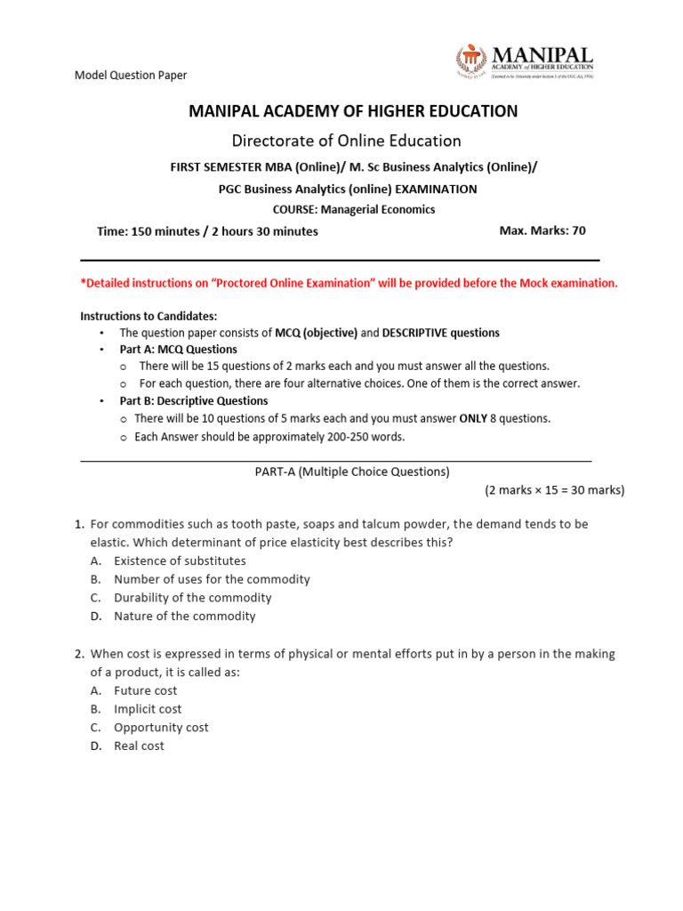 MBA Managerial Economics Exam Paper | PDF | Price Elasticity Of Demand ...