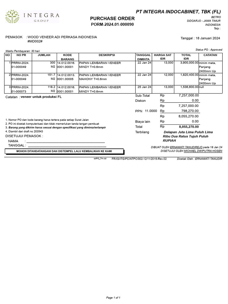 PORM-2024.01-000090 - Wood Veneer Adiperkasa - Veneer Mindi Mahony | PDF
