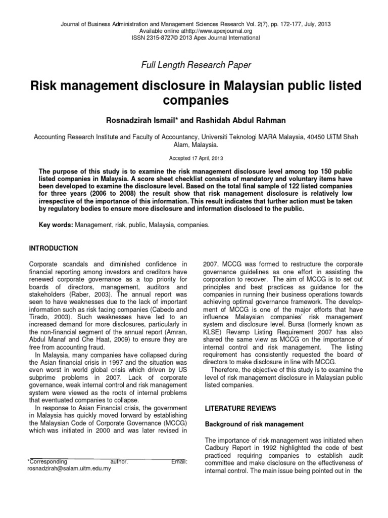 Risk Management Disclosure in Malaysian Public Listed | PDF | Risk ...