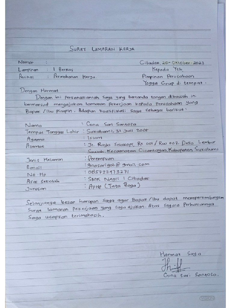 Surat Lamaran Kerja - Gina Sari Santosa | PDF